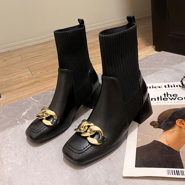 Shoes White Ankle Boots Boots-Women Winter Footwear Low  Autumn Med Rubber Ladies Rock Solid PU Hoof Heels Basic Chain Lace voguable