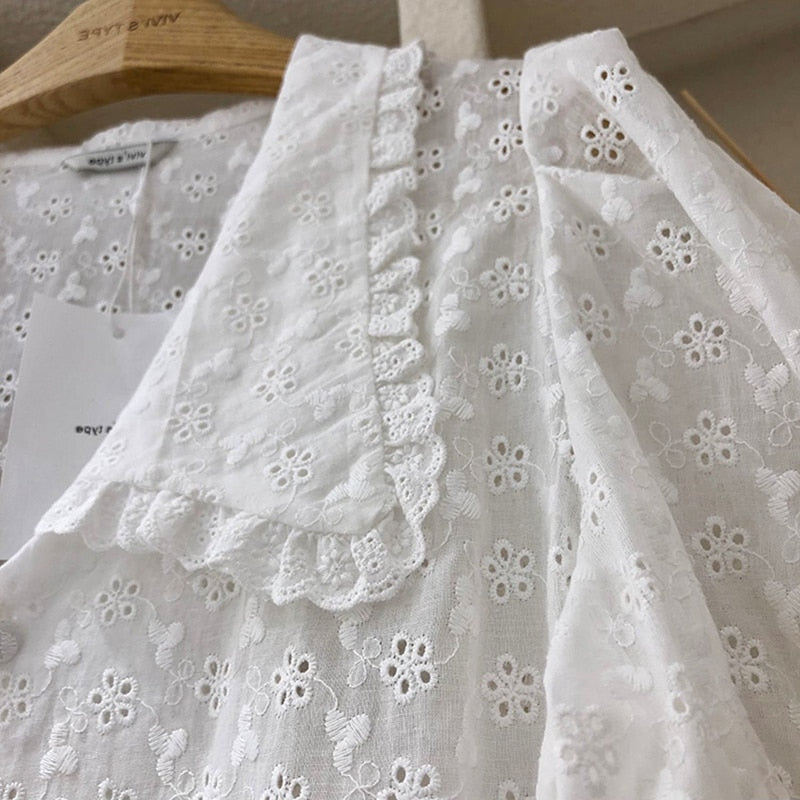 Summer Hollow Flower Lace Blouse Women 2023 Korean Chic Puff Short Sleeve Woman Shirt Peter Pan Collar Solid Loose Tops voguable