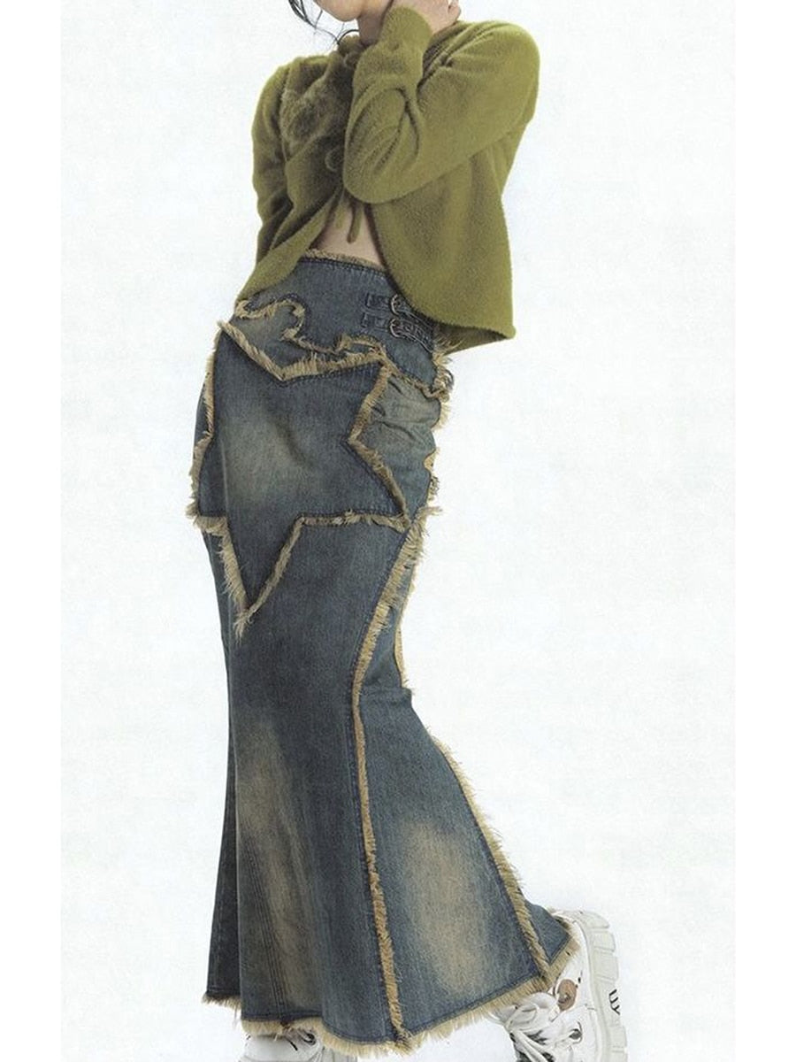Women's Distressed Denim Skirt  Fashion Retro Style Star Patchwork Party Club Casual Spring Autumn Summer High Street Long Dress voguable