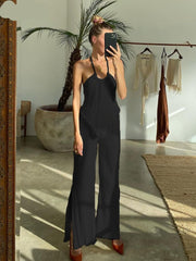 Voguable  Sexy Halter Backless Tank Top Set Woman 2 Piece Bodycon Beige Pleated Pants Set Female Elegant Skinny Slit Trouser Suits voguable