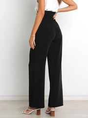 Belt Waist Elastic Wide Leg Black Long Pants Women High Waist Zip Solid Office Lady Pockte Ruffles White Fashion Trouser voguable
