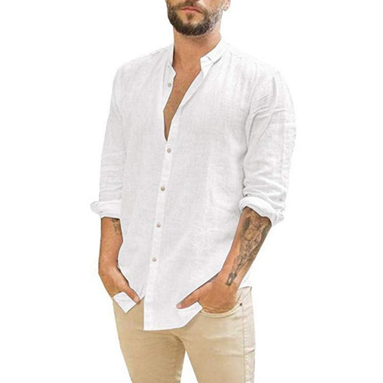 Voguable  New Men's Casual Blouse Cotton Linen Shirt Loose Tops Short Sleeve Tee Shirt Spring Autumn Summer Casual Handsome Men Shirt voguable