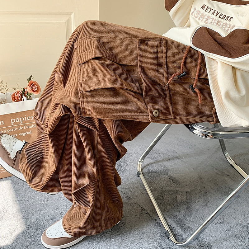 Autumn Winter Corduroy Pants Men Fashion Oversize Pocket Cargo Pants Men Streetwear Hip Hop Loose Straight Pants Mens Trousers voguable