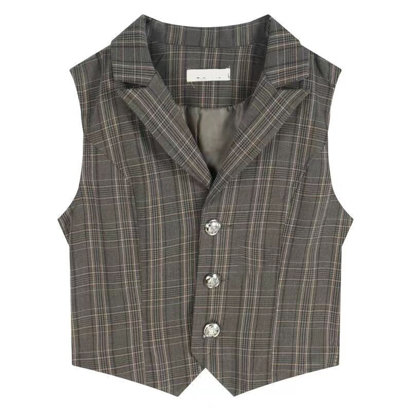 Retro Brown Plaid Vest Shirt Coat Skirt Sets Girl College Style Plaid Suit Pleated Mini Skirt Female Sexy Korean Jacket Blazers voguable