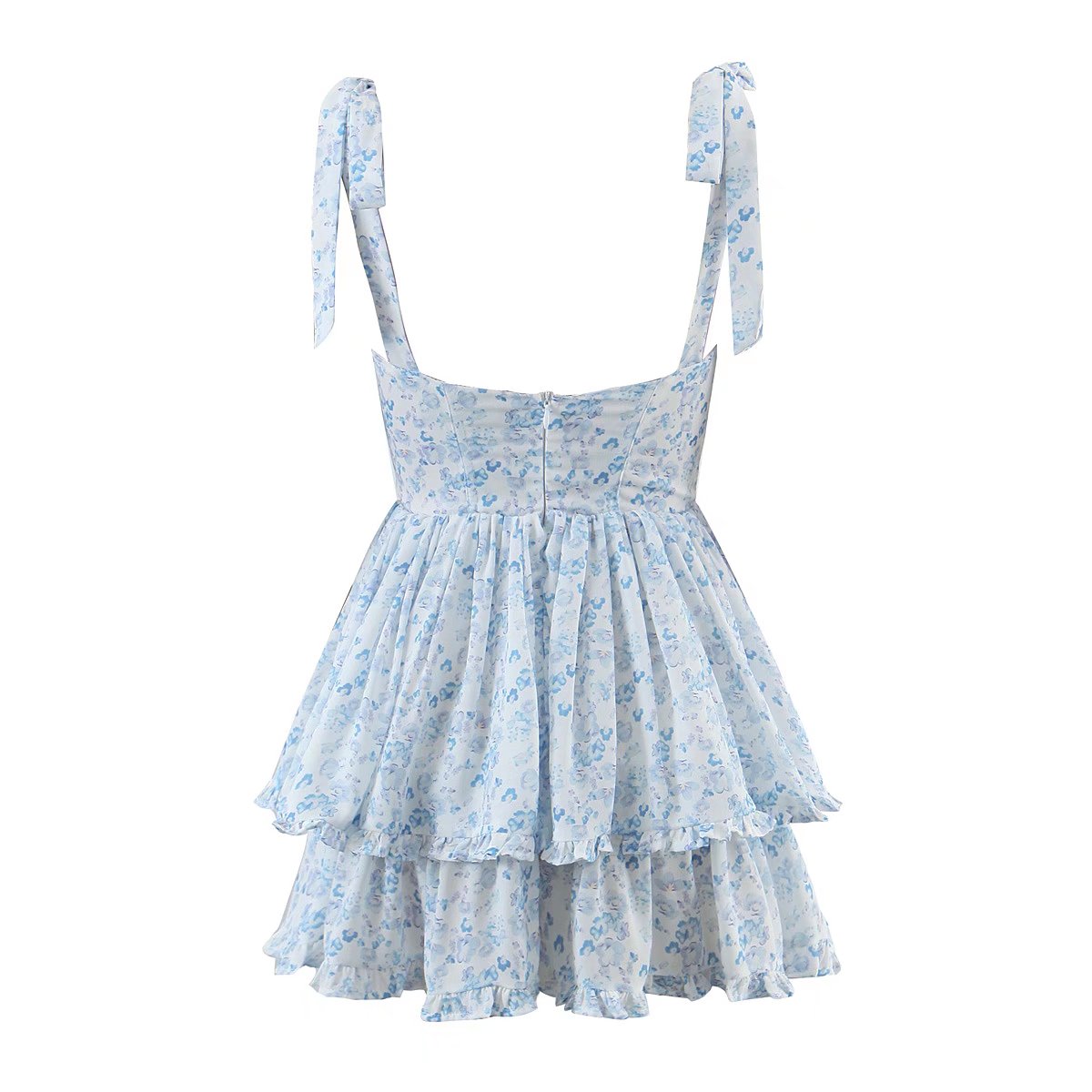 Voguable  Fashion Women Spaghetti Strap Ruffle Cake Chiffon Dress Sexy Ladies Floral Print Holiday Party Mini Dress Summer Robe voguable