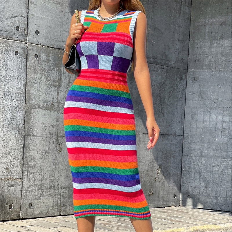 Women Fashion Sleeveless Striped Bodycon Streetwear Knitted Midi Dress  Autumn Clothes Wholesale Items For Business voguable