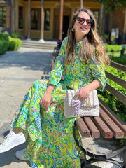 Paisley Print Shirt Dress Elegant Autumn Spring Green Dress Floral Print Boho Female Maxi Dress Long Sleeve Dress 2023 voguable