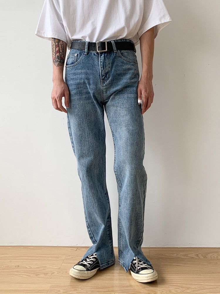 Voguable Men's Jeans Split Loose Leg Vintage Punk Denim Hip Hop Streetwear Pants Korean Chic Design Straight Casual Male Long Trousers voguable