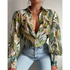 Print Ladies Lantern Sleeve Blouses Fashion Spring Office Lady Vintage Floral Shirt Tops Button Up Long Sleeve Shirts voguable