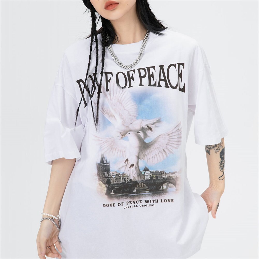 Voguable Men T-shirt O-neck Cotton Dove of Peace Print Top Tees 2022 Harajuku Streetwear Casual Short Sleeve Hip Hop Men's Clothing voguable