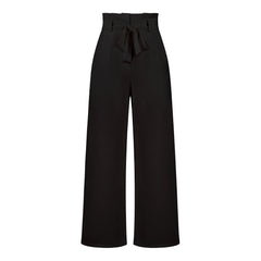 Belt Waist Elastic Wide Leg Black Long Pants Women High Waist Zip Solid Office Lady Pockte Ruffles White Fashion Trouser voguable