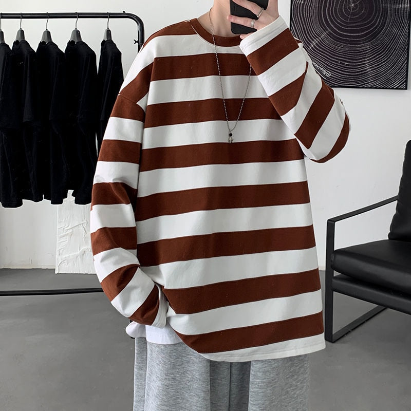 Spring Men Stripe Tops Tees Harajuku Long Sleece Crew Collar Male T Shirts Casual Clothes High Quality Unisex Tshirt voguable