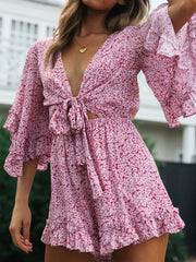 Bell Sleeve Floral Boho Playsuit Romper Spring Summer Women Beach Playsuit Elegant V Neck Pink Romper Women Fashion voguable