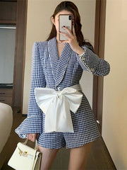 High Quality Brand New Spring Runway Short Jumpsuit Golden Bowknot Belt Long Sleeve Women Sexy Party Romper Playsuits voguable