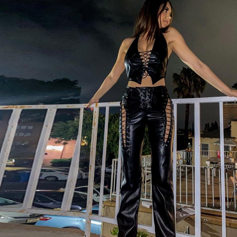 Women's Lace Up PU Leather Pants Chic High Waist Hollow Out Sexy Y2K Drawstring Bandage Cut Out Gothic Faux Leather Trousers voguable