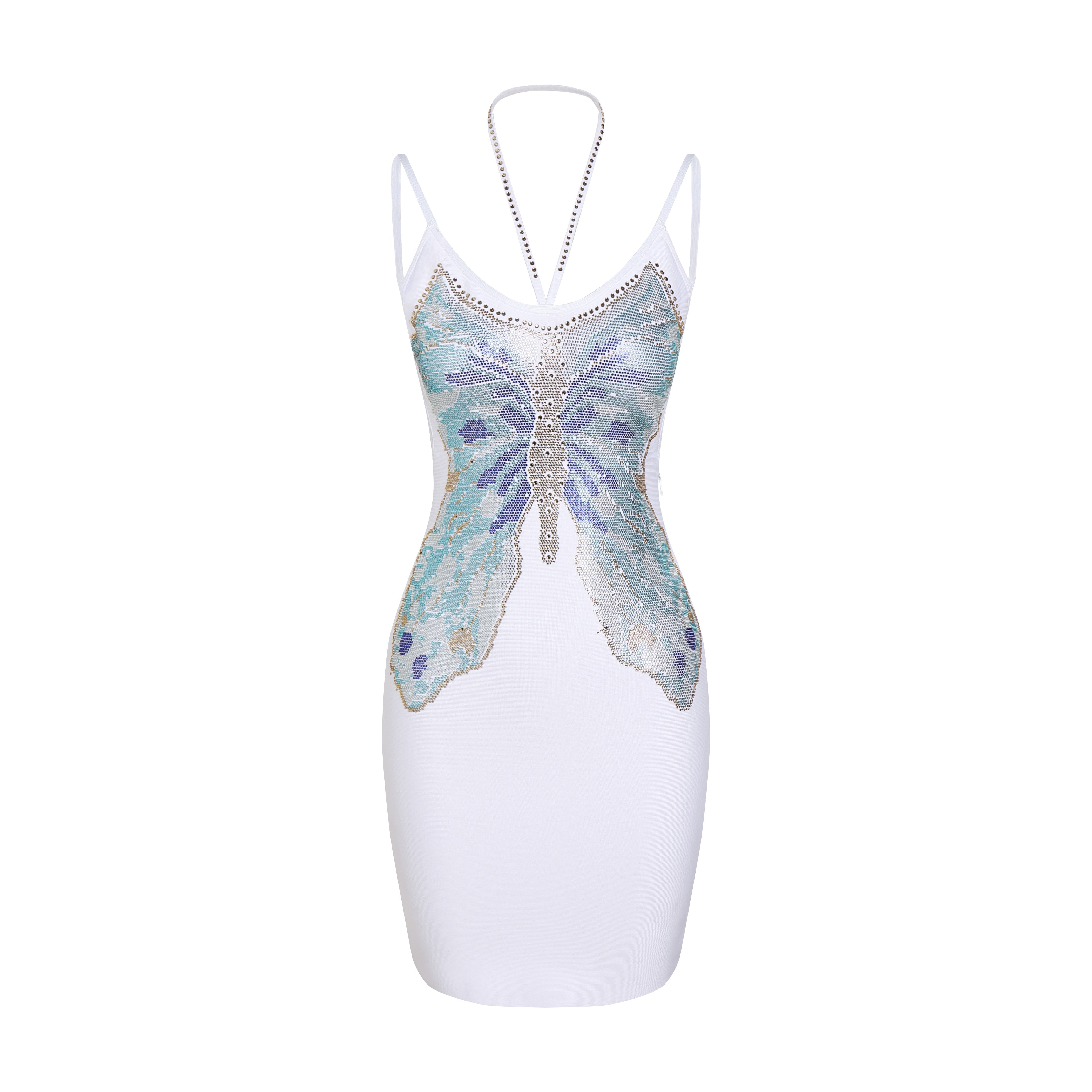 Voguable  New Women's Skinny Sexy Sleeveless Sling Butterfly Beaded Shiny Mini Bandage Dress Elegant Club Party Dress Vestidos voguable