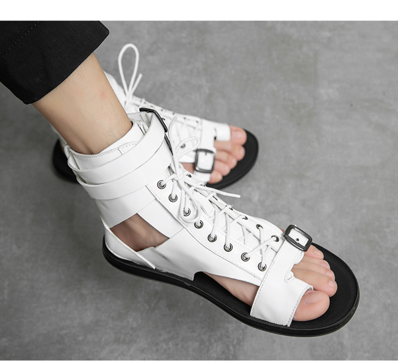 Sandals Men Shoes PU Solid Color Fashion Casual Summer Street Beach Personality Toe Ring Lace-Up Bag Ankle Buckle Sandals CP002 voguable