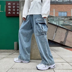 Baggy Jeans Men Big Pockets Solid Leisure Vintage Denim Hipster Korean Style Males Trousers Large Size S-3XL Teenagers All-match voguable