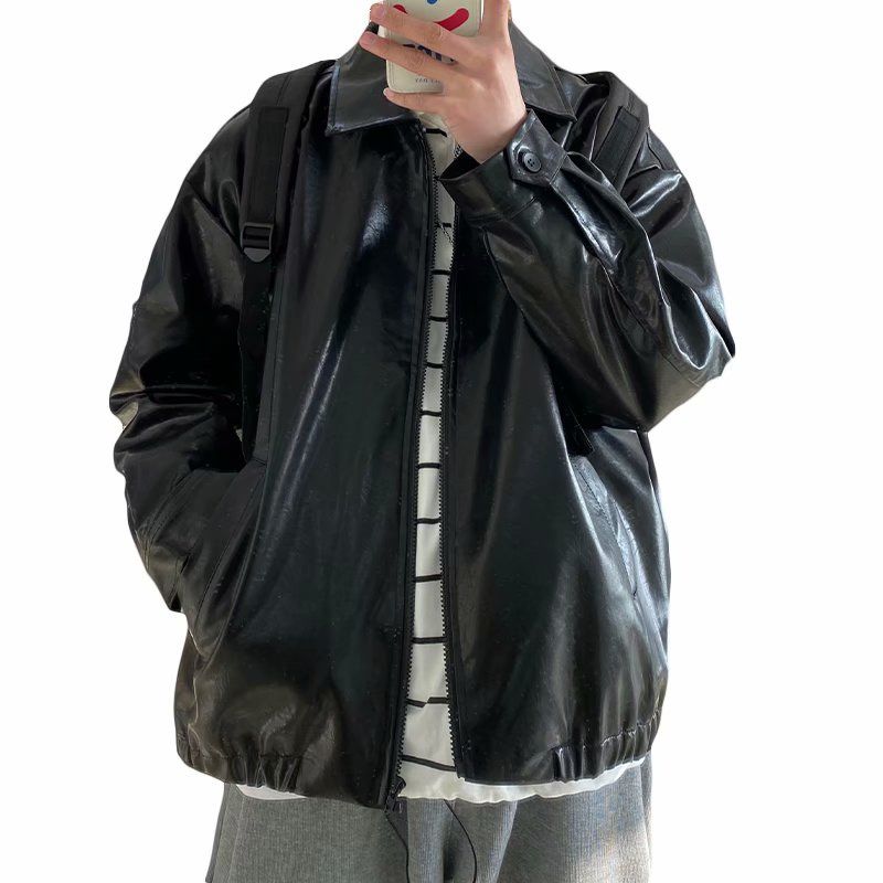 Voguable Pu Leather Jacket Men Brown Retro Motorcycle Jacket Autumn Korean Fashion Fried Street Loose Zipper Bomber Jacket Learher Coats voguable
