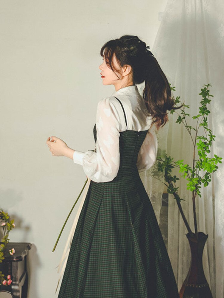 Retro Preppy Strapped Plaid Blazer Jacket + Suspender Dress Spring Autumn 2pcs Suit Vintage Dark Green Palace Style Set voguable