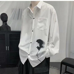Men's Pure Color Floral Printing Black/white Color Shirts Long Sleeve Korean Loose Fashion Trend Handsome Clothes Shirts voguable