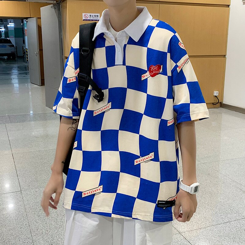 T-shirts Men Checkerboard Couple Clothes Harajuku Tops Preppy Turn Down Collar Baggy Fashion American Street Summer Vintage Chic voguable
