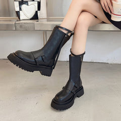 Women's Mid Calf Boots  Female Shoes Zipper Boots-Women Luxury Designer Round Toe Clogs Platform Ladies Autumn Med Rubber Leathe voguable