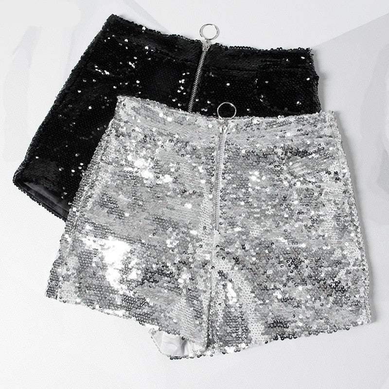 Voguable Sexy Women Sequin Shorts Summer High Waist O-Ring Zip Bodycon Shorts Feminino Skinny Party Club Festival Raves Pole Dance Shorts voguable