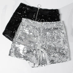 Voguable Sexy Women Sequin Shorts Summer High Waist O-Ring Zip Bodycon Shorts Feminino Skinny Party Club Festival Raves Pole Dance Shorts voguable