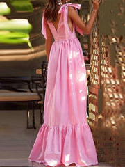 Sexy Summer Women V-Neck Sling Backless Dress Elegant Hollow Out BowKnot Long Party Dress Fashion Femme Dot Maxi Dress Vestido voguable