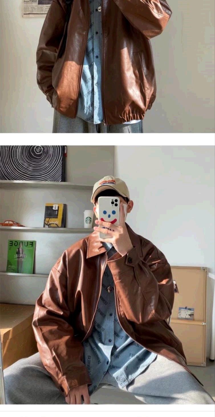 Voguable Pu Leather Jacket Men Brown Retro Motorcycle Jacket Autumn Korean Fashion Fried Street Loose Zipper Bomber Jacket Learher Coats voguable