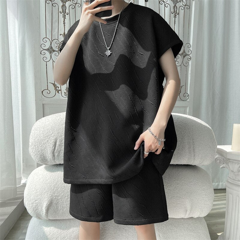 Summer Sets Men Fashion Short Sleeve T-shirt/Shorts Two Piece Men Korean Loose Pleated Sets Mens Short Sets Large Sizes M-5XL voguable