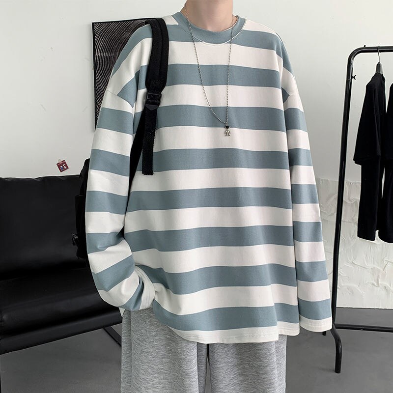 Spring Men Stripe Tops Tees Harajuku Long Sleece Crew Collar Male T Shirts Casual Clothes High Quality Unisex Tshirt voguable