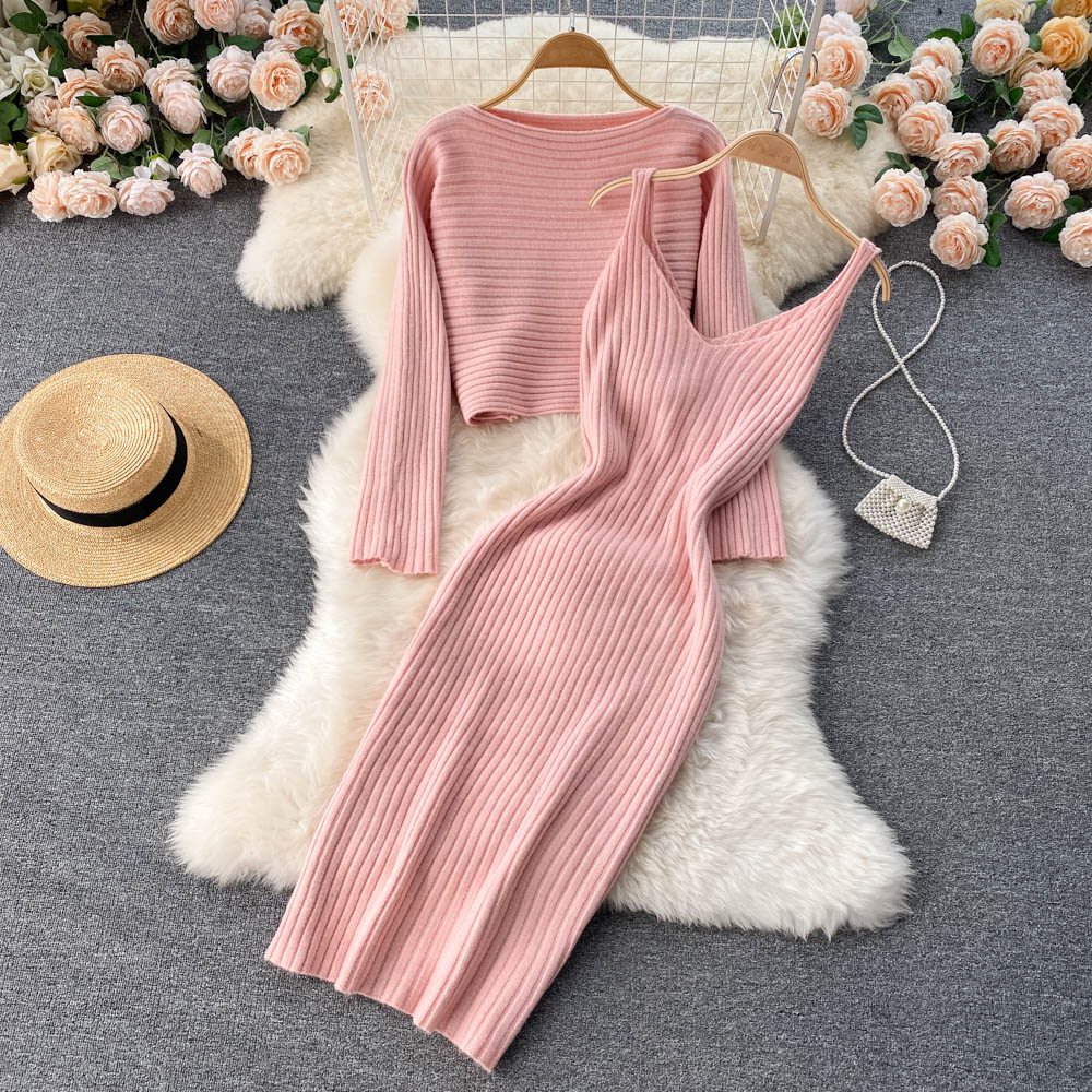 Women Elegant Slim Two Piece Sets Female Sweater Dress Autumn Winter High Waist Knitted Ensemble Femme Medium Long Party Dresses voguable