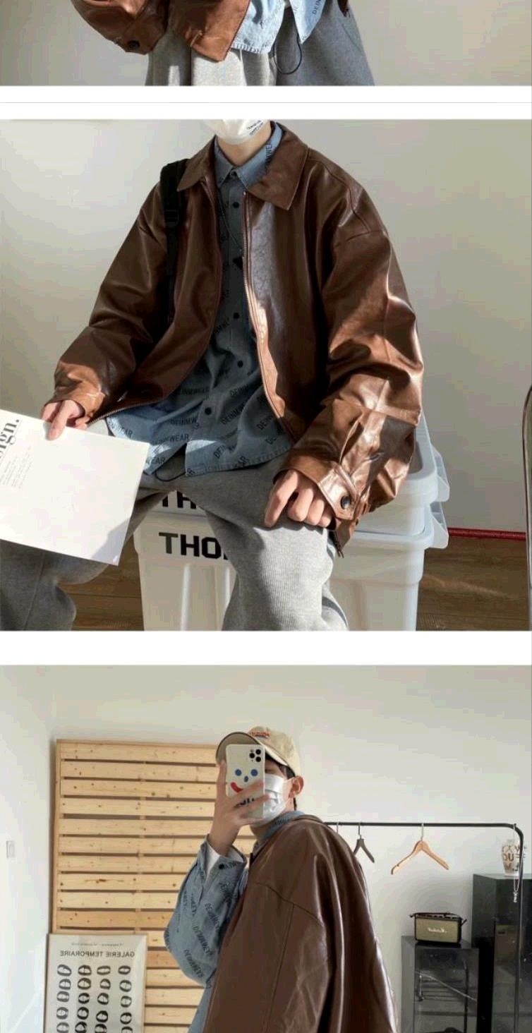 Voguable Pu Leather Jacket Men Brown Retro Motorcycle Jacket Autumn Korean Fashion Fried Street Loose Zipper Bomber Jacket Learher Coats voguable