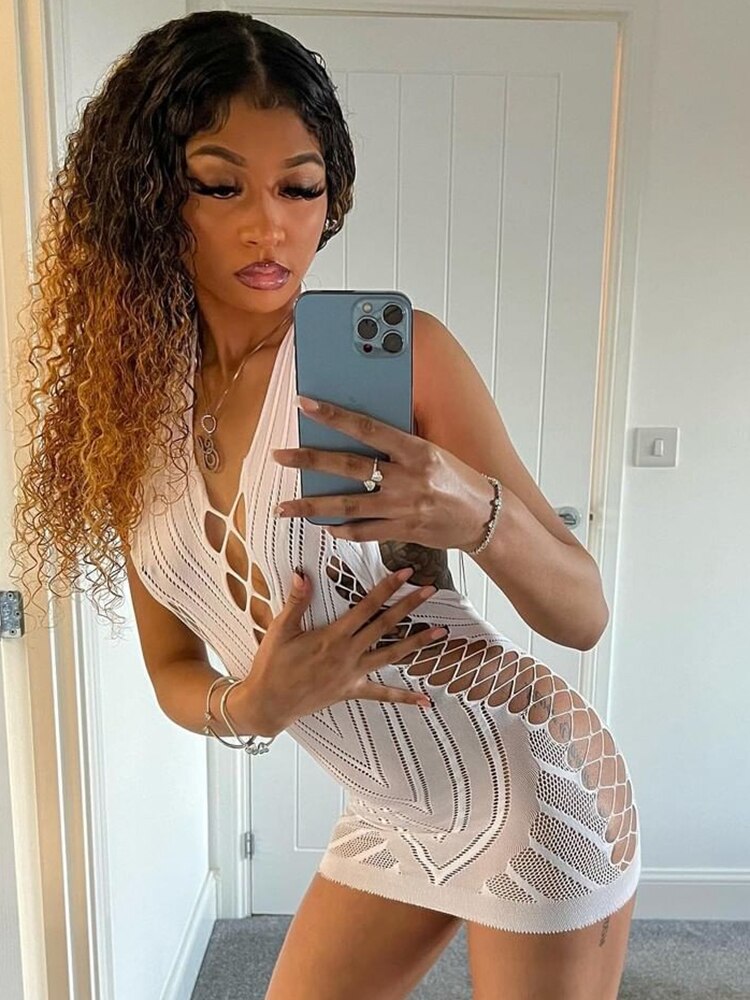 Voguable spring outfits 2022   Solid Halter Sleeveless Backless Mesh Hollow Out Mini Dress 2021 Summer Fall Bodycon Sexy Party Club Elegant Y2K voguable