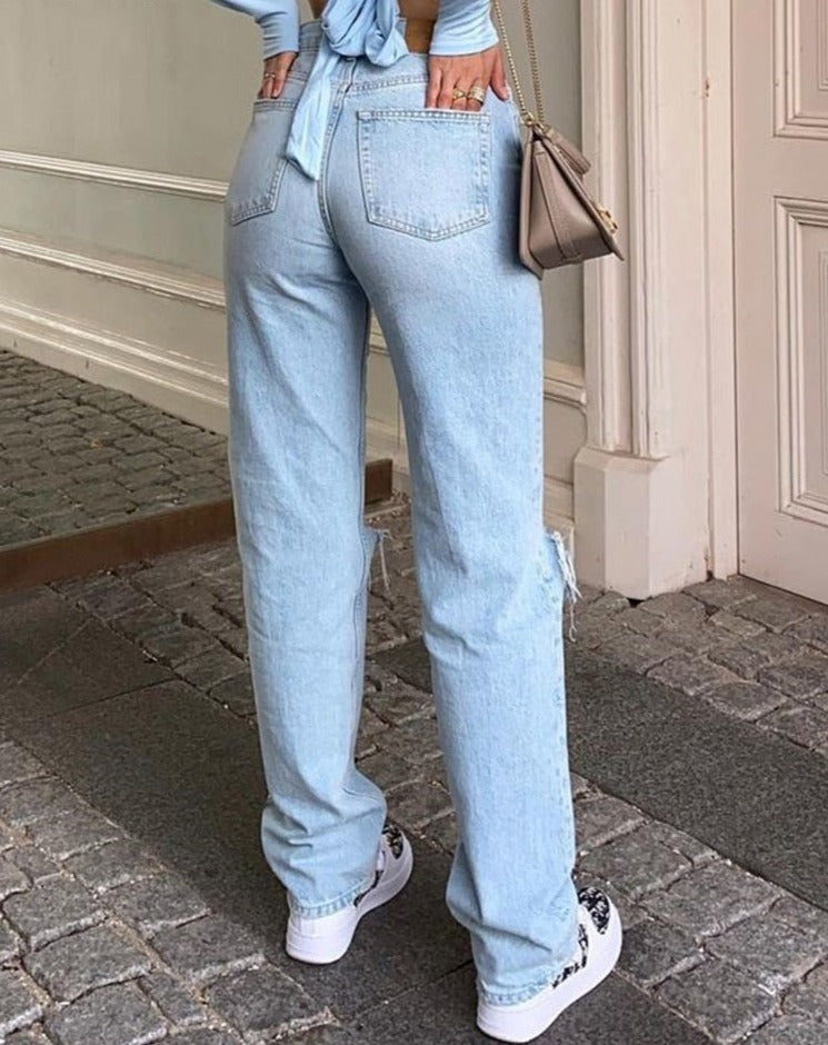 Voguable  Womens Loose Fit Jeans 2022 Ripped Wide Leg For Women High Waist Blue Wash Casual Cotton Denim Trousers Summer Baggy Jean Pants voguable