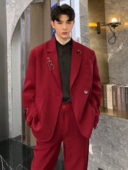Autumn Winter Personalized Design Iron Ring Decoration Wine Red Suit New Korean Fashion Solid Color Male Luxury 9A5225 voguable