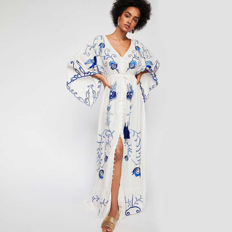 Floral bireds embroidered maxi dress V-neck batwing sleeve tunic summer beach dress for women tassle tied buttos voguable
