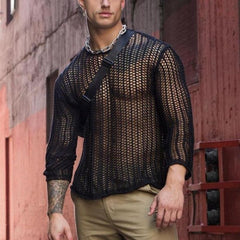 Sexy Men's T-shirt New Special Long Sleeve Bottoming Fashion Woven Solid Color Mesh Knit Hollow Out Round Neck voguable