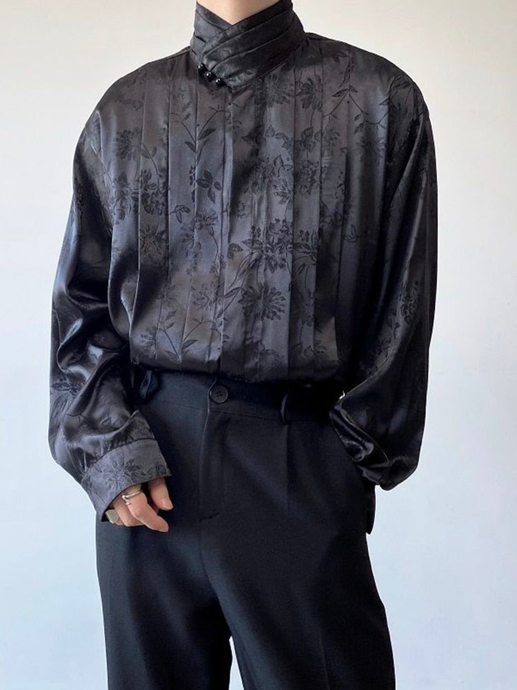 Chinese Pleated Stand Collar Jacquard Satin Trend Men's Shirt Long Sleeved Fashionable Autumn Male Tops Solid Color voguable