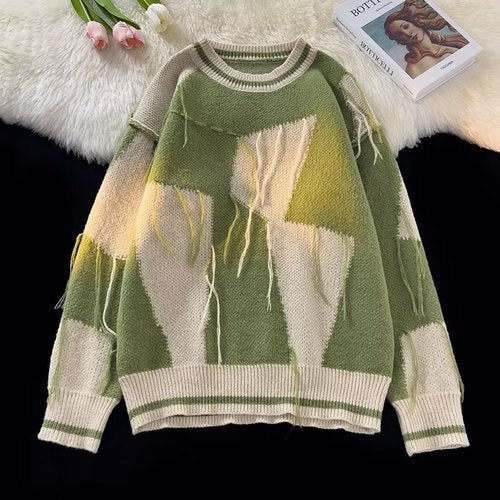 Sweater Men Tassel Irregular Patchwork Pullovers New Loose American Retro Knitting Basic Streetwear All-match Harajuku Stylish voguable