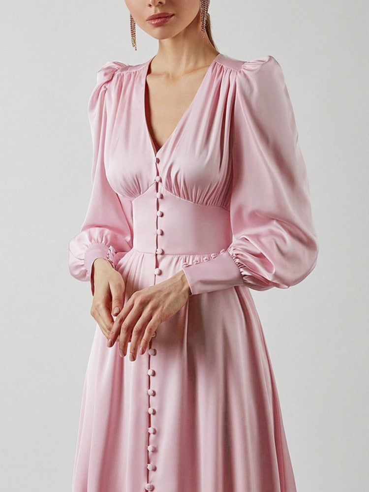 Women's Single Breasted Satin Lantern Sleeve Party Dress Elegant High Waist Chic Lady Vestidos 2022 Autumn Robe voguable