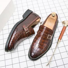 Loafers Men Crocodile Pattern PU Round Toe Monk Square Buckle Fashion Business Casual Wedding Party Daily Dress Shoes voguable