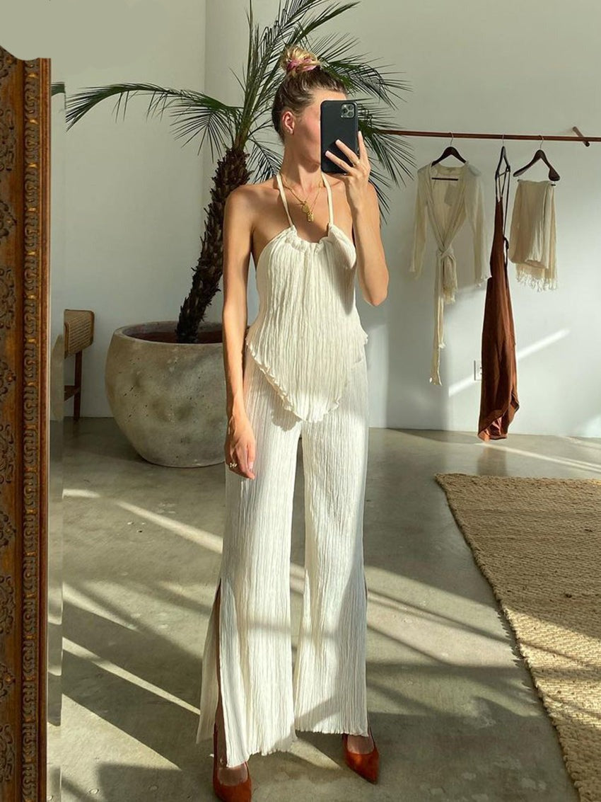 Voguable  Sexy Halter Backless Tank Top Set Woman 2 Piece Bodycon Beige Pleated Pants Set Female Elegant Skinny Slit Trouser Suits voguable