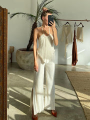 Voguable  Sexy Halter Backless Tank Top Set Woman 2 Piece Bodycon Beige Pleated Pants Set Female Elegant Skinny Slit Trouser Suits voguable