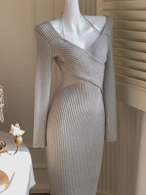 Autumn Elegant Ribbed Knitted Dresses For Women Winter Bodycon Evening Party Dress Female Fashion Long Sleeve Vestidos voguable