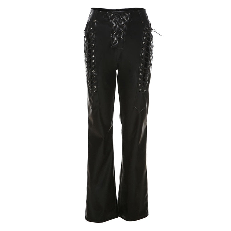 Women's Lace Up PU Leather Pants Chic High Waist Hollow Out Sexy Y2K Drawstring Bandage Cut Out Gothic Faux Leather Trousers voguable