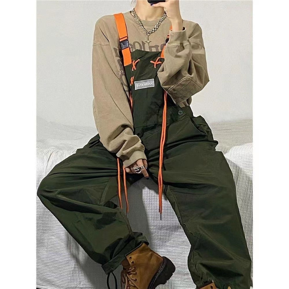 Men's Fashion Retro Army Green Work Suspenders American Streetwear Casual Pants Loose Fashion Trousers Romper Jumpsuit voguable