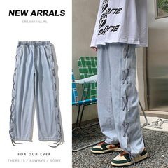 Cross Ribbon Jeans Men's Baggy Designer Brand Denim Pants Fashion Y2K Gothic Streetwear Korean Clothing Male Trousers voguable